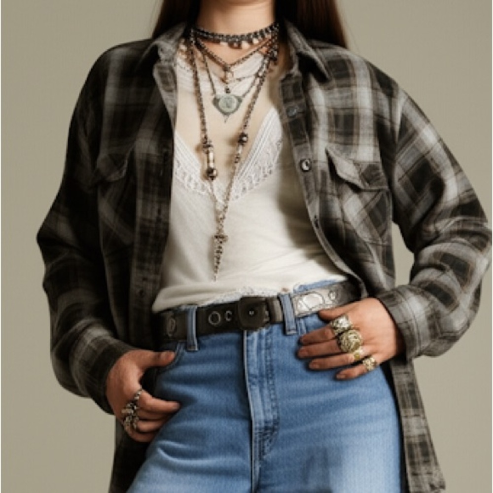 100% Cotton Oversized Brown And Grey‎ Flannel Grunge Style Cozy Button Down Top